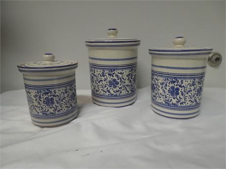 Williams Sonoma Blue & White Ceramic Canister Set- 3 Canisters W/Lids